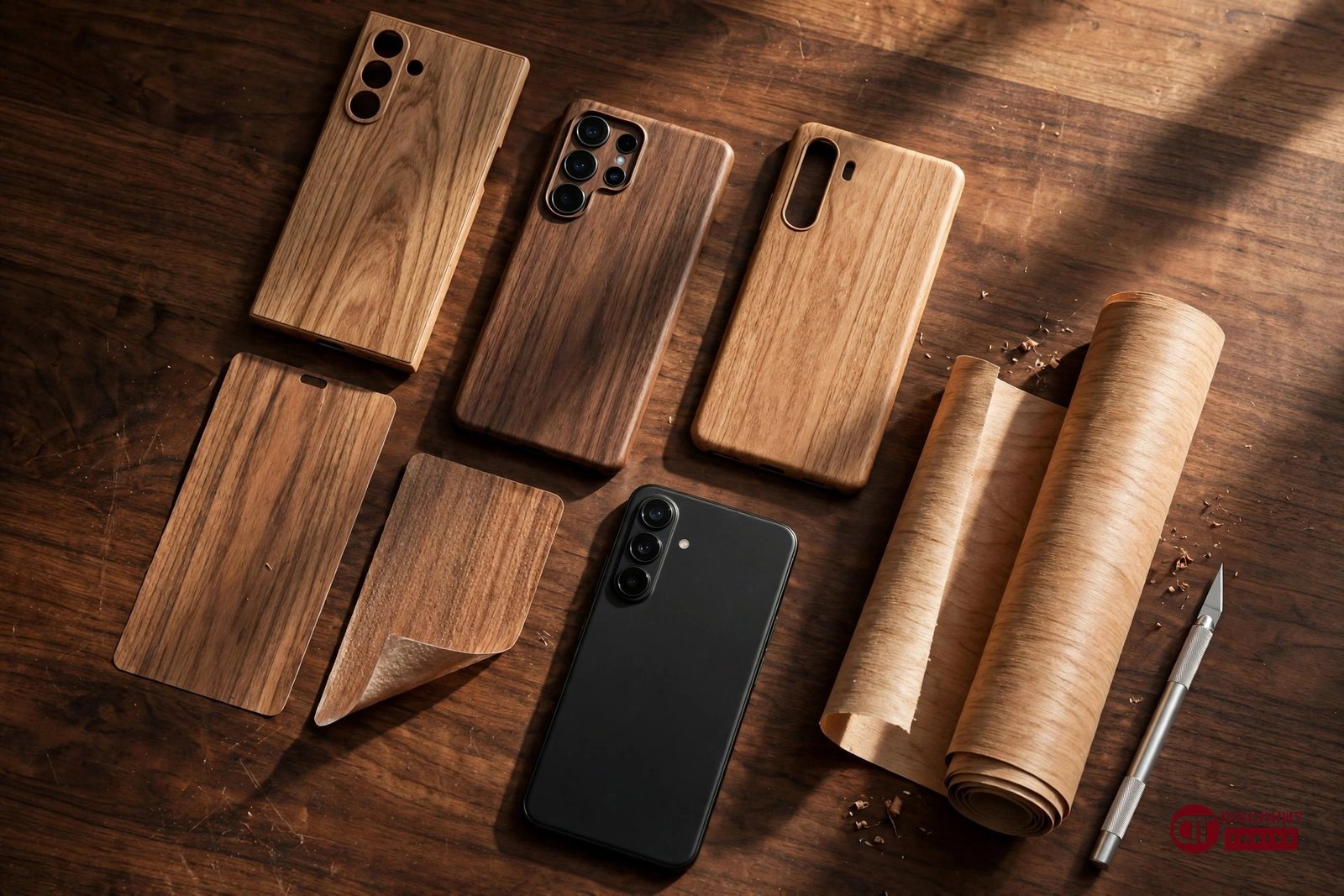 J Wraps coupon guide 2026: wood phone skins and cases flat-lay