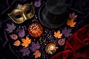 Halloween costume flat lay with masquerade mask, top hat and pumpkin for the Abracadabra NYC discount code guide 2026