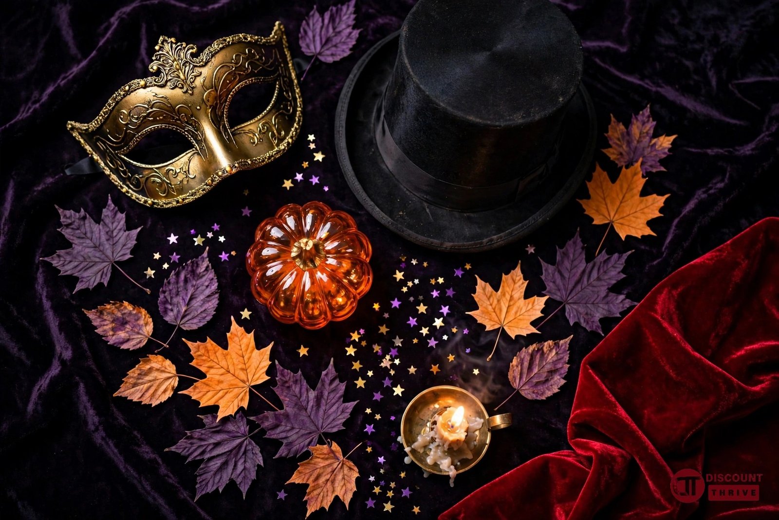 Halloween costume flat lay with masquerade mask, top hat and pumpkin for the Abracadabra NYC discount code guide 2026