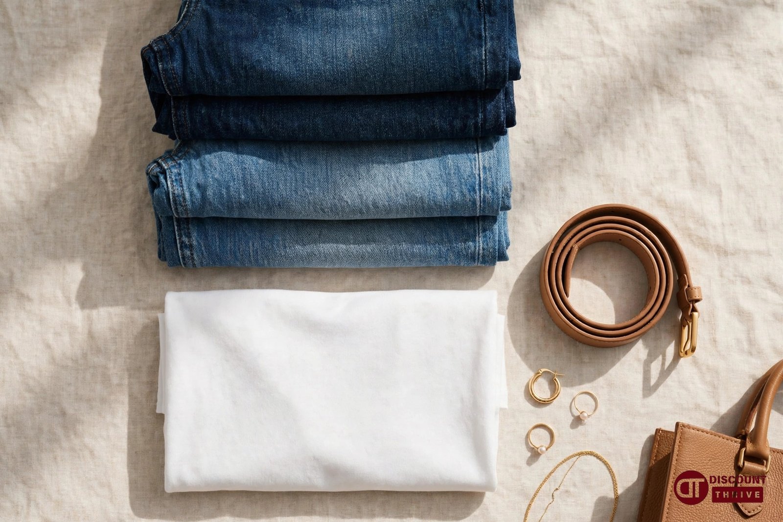 Folded denim jeans and leather accessories flat lay for the 2026 Madewell student discount guide