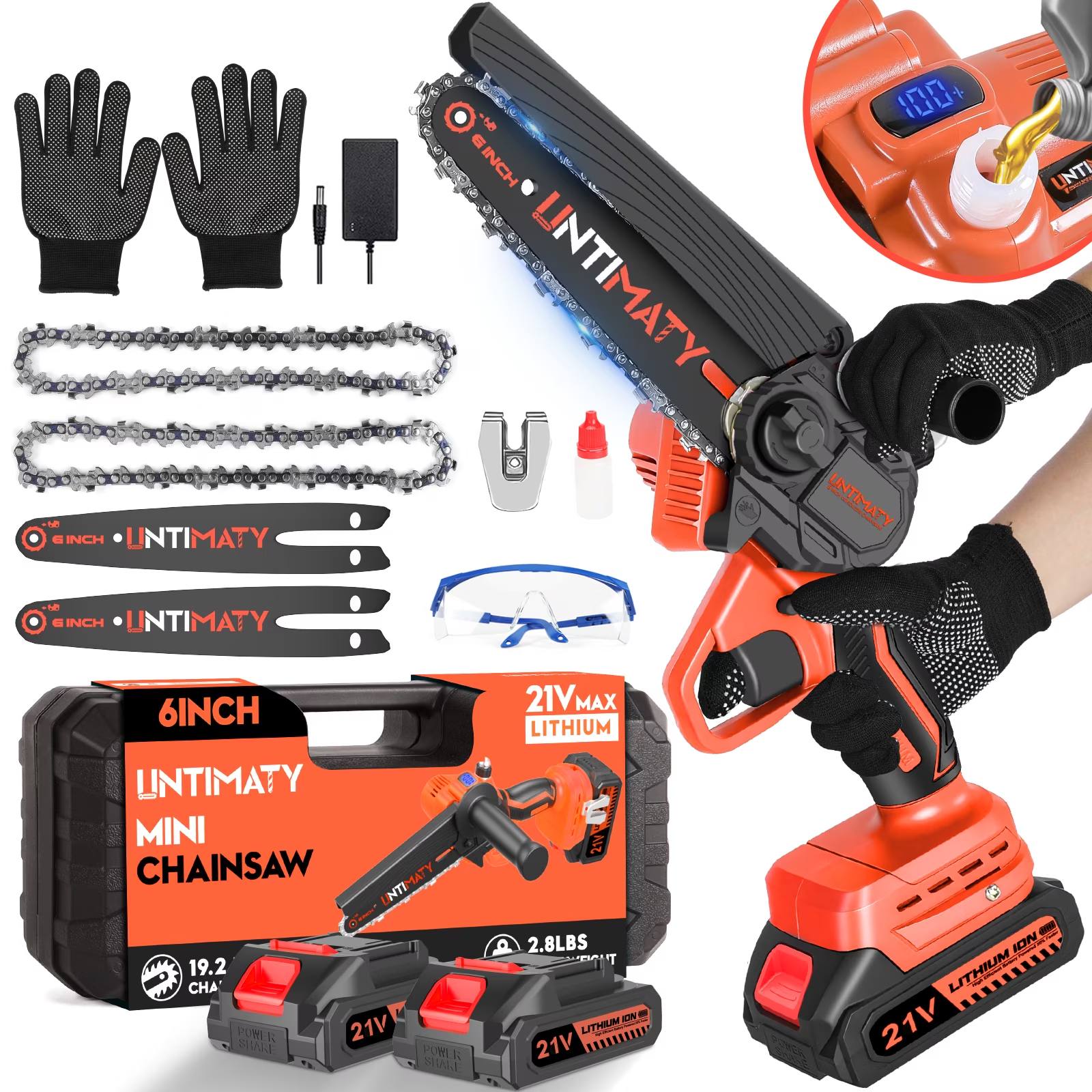 UNTIMATY Mini Chainsaw 6 Inch, 21V Cordless with 2 Batteries