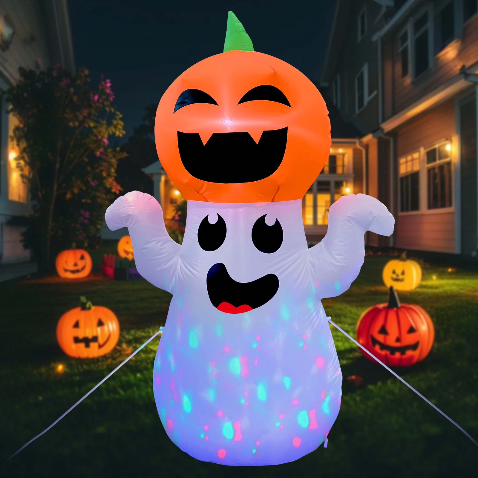 GVDV 5Ft Halloween Inflatable Pumpkin Ghost with 360° Rotating Colorful LED Lights