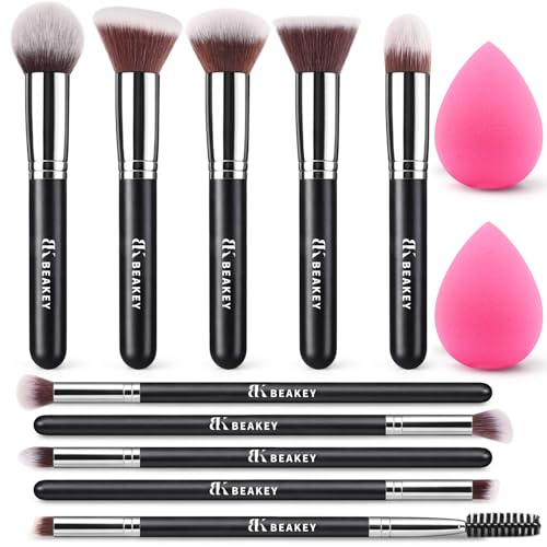 BEAKEY Makeup Brushes Set with 2 Blending Sponges, 10 Brush Face and Eye Set amazon deal