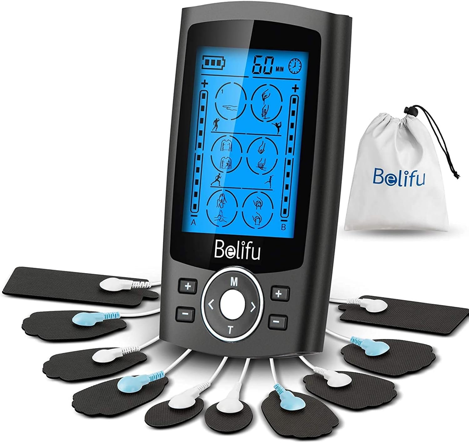 Belifu Dual Channel TENS EMS Unit 24 Modes Muscle Stimulator for Pain Relief Thera...