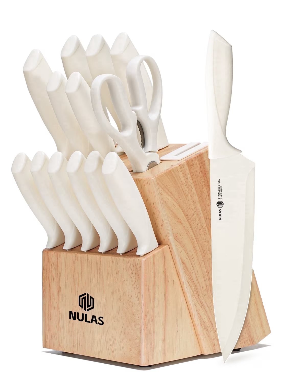 NULAS Knife Set, 14-Piece with Built-in Sharpener, Cream