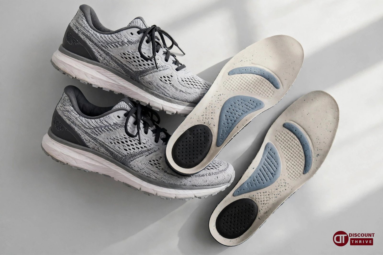 Currex discount code 2026: running shoes with performance insoles flat lay