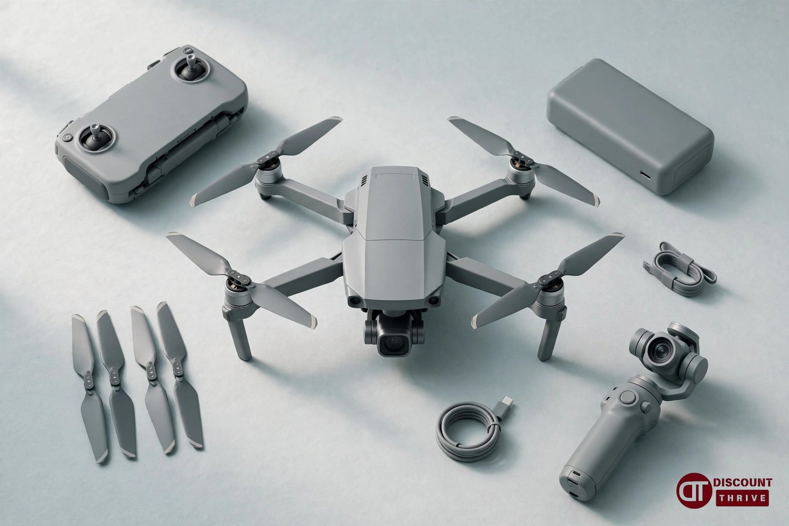 DJI drone with controller and accessories flat lay