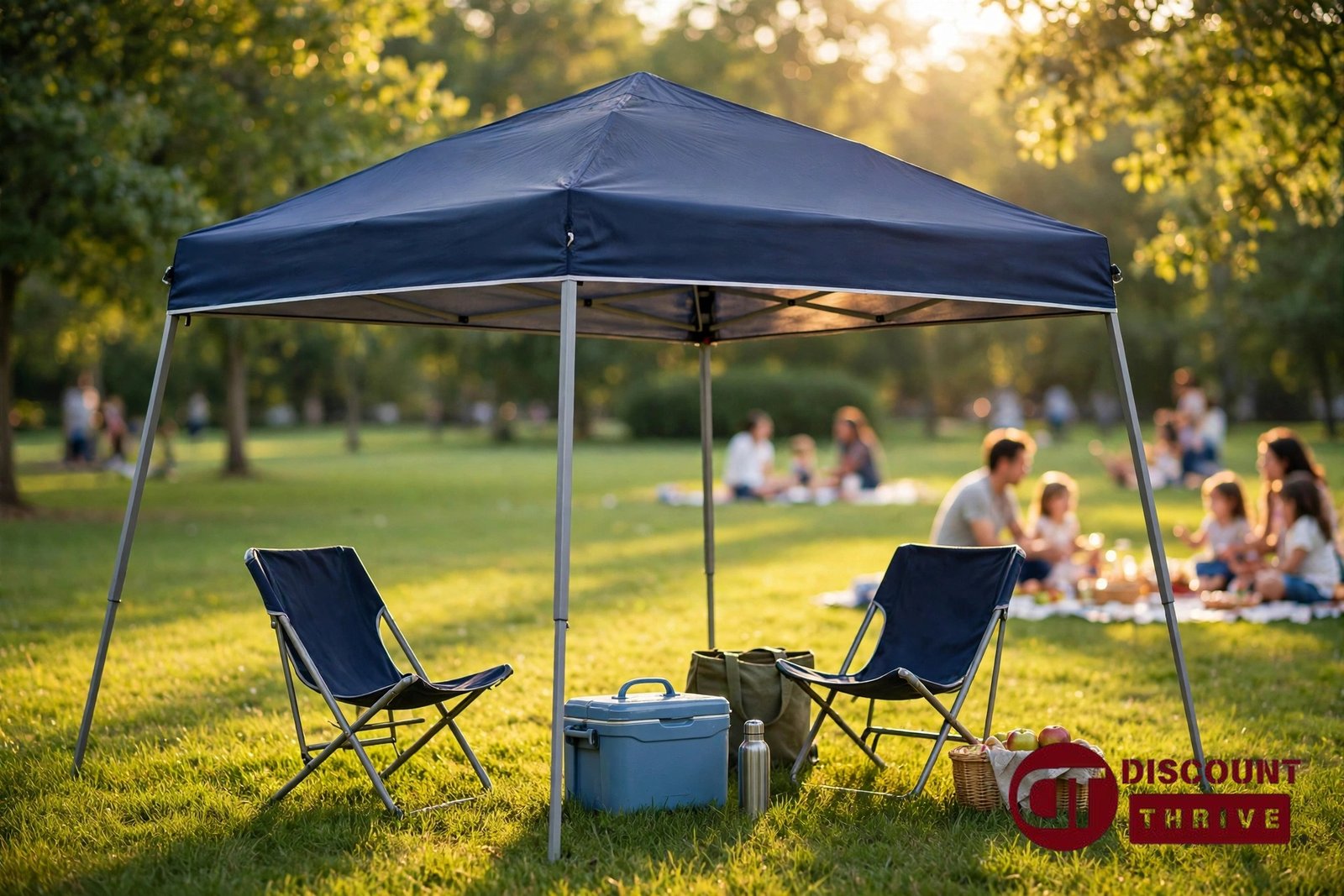 Navy Eagle Peak pop-up canopy tent with chairs at a sunny park event — Eagle Peak discount code guide 2026