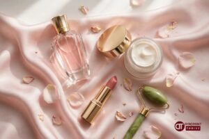 Escentual discount guide 2026 — premium beauty products flat lay with perfume, skincare and lipstick