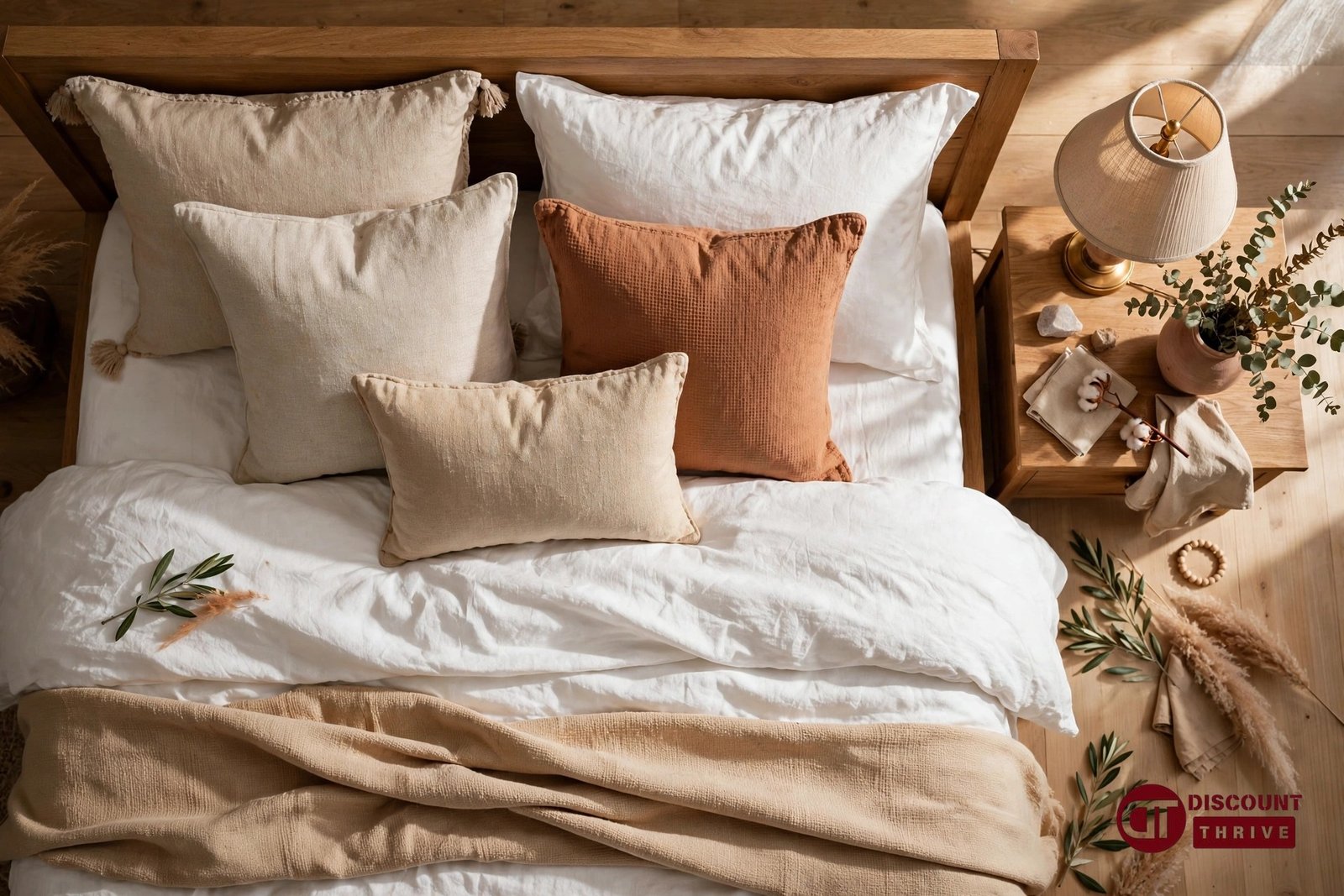 Feather and Black voucher code 2026: luxury wooden bed with white linen bedding