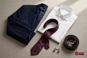 Jos. A. Bank discount code 2026: navy suit, white dress shirt, patterned tie, leather belt and cufflinks flat-lay