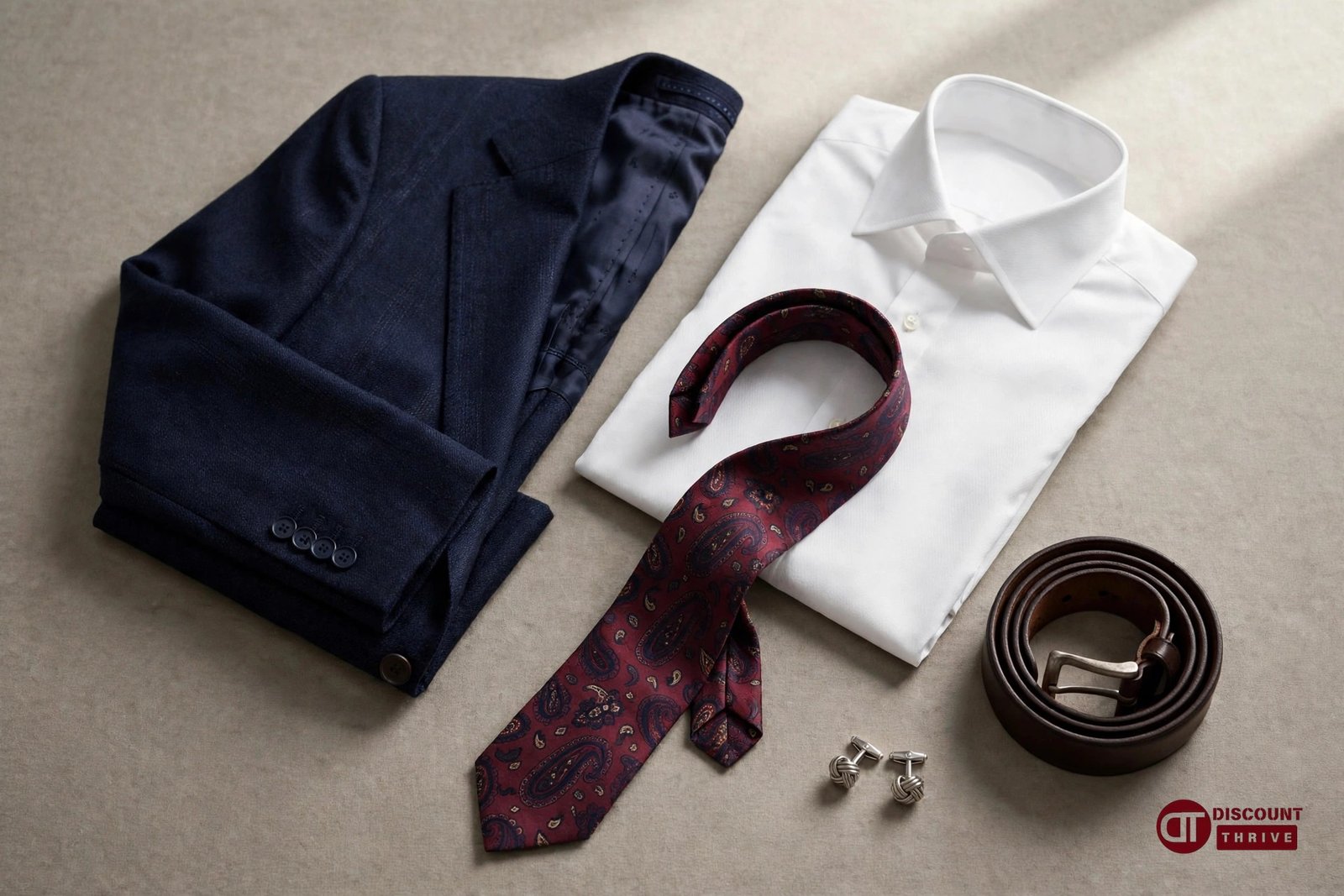 Jos. A. Bank discount code 2026: navy suit, white dress shirt, patterned tie, leather belt and cufflinks flat-lay
