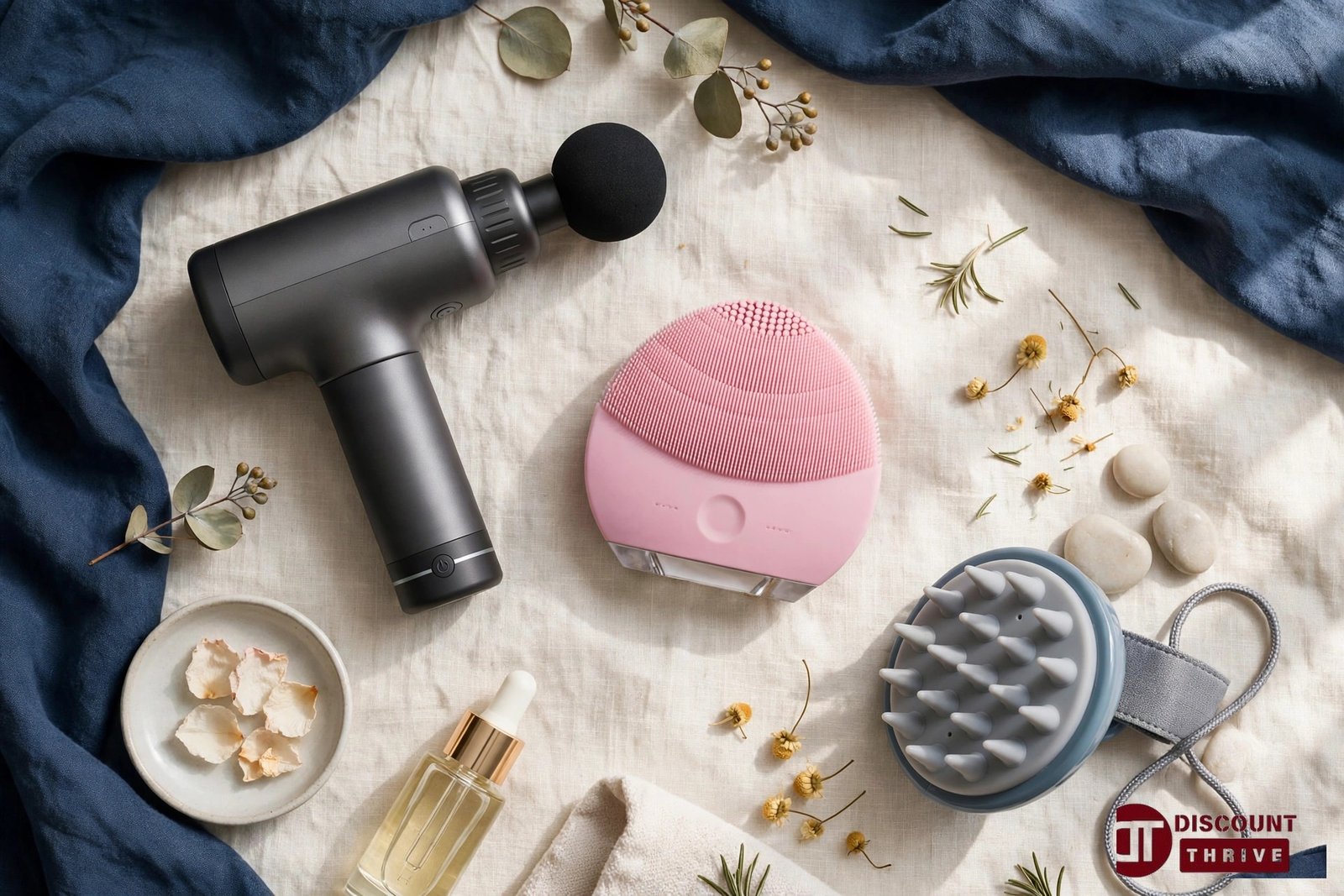 M-Queen massage gun, facial device and scalp massager flat-lay for the M-Queen discount guide 2026