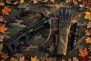 Ravin crossbow with carbon arrows and scope on camouflage fabric in autumn