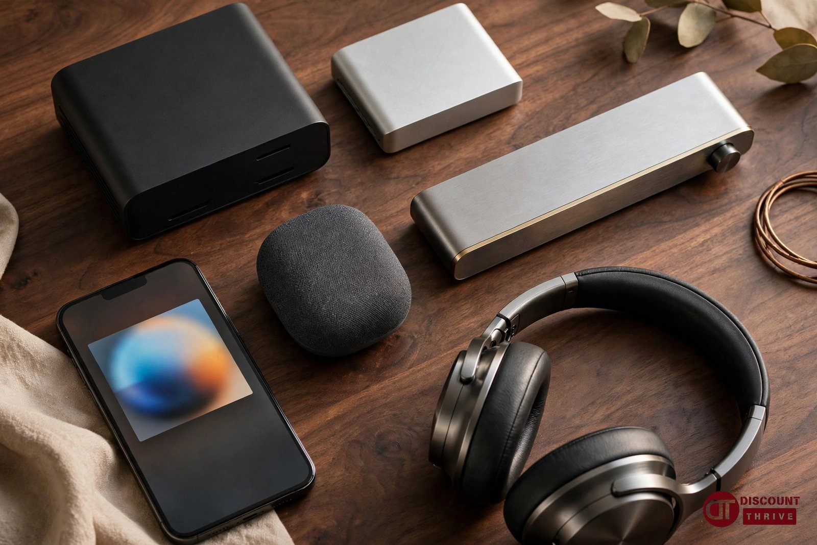 WiiM discount code guide featured image — WiiM audio streamers, smart speaker and amplifier flat-lay