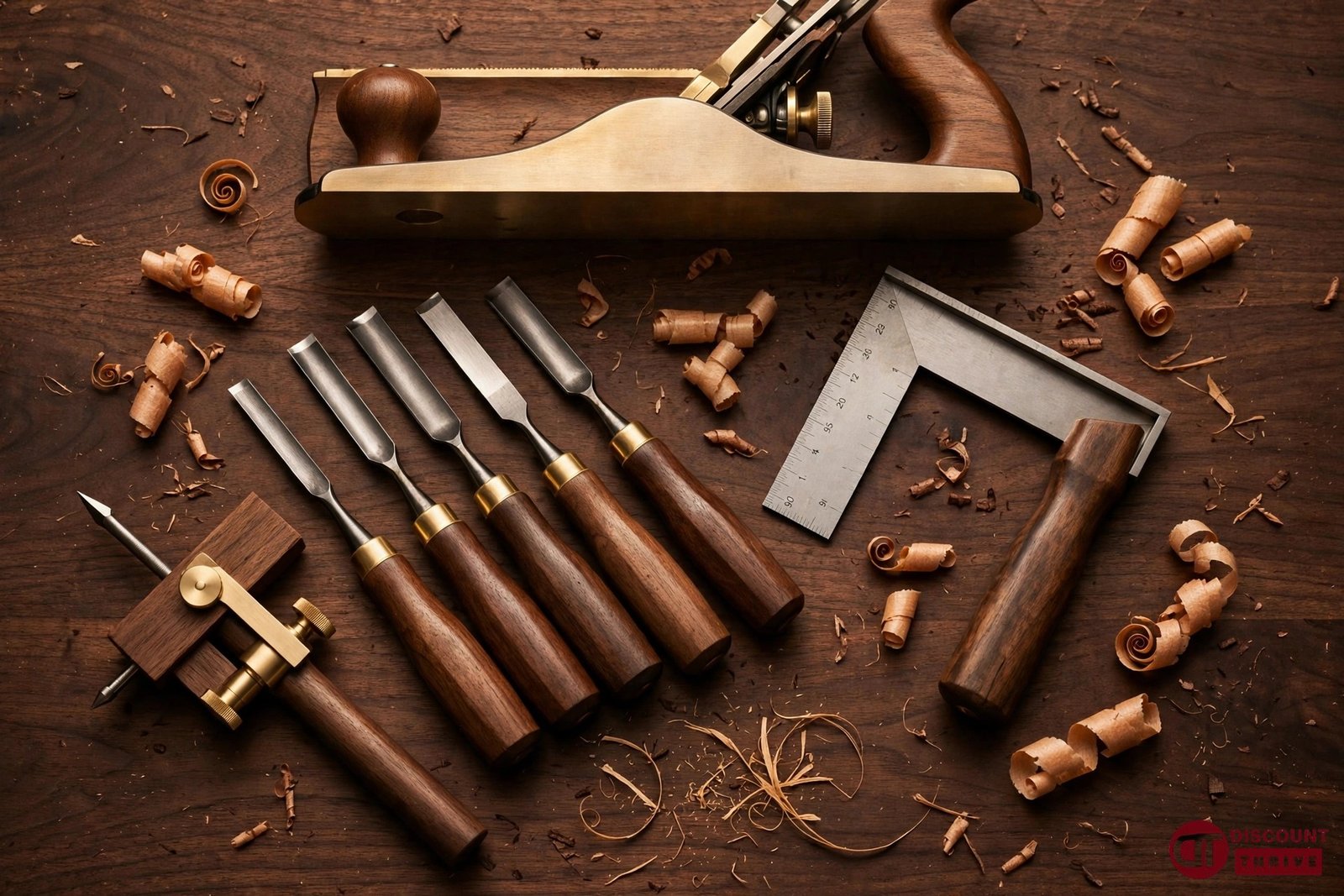 Garrett Wade discount code guide 2026: premium woodworking hand tools flat lay with chisels and hand plane
