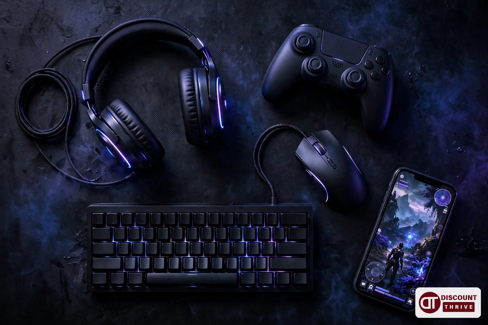 GearUP discount code 2026 — gaming setup with controller, headset and keyboard for lag-free gaming