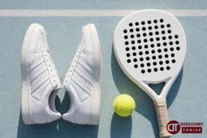 White leather tennis trainers, padel racket and tennis ball flat lay