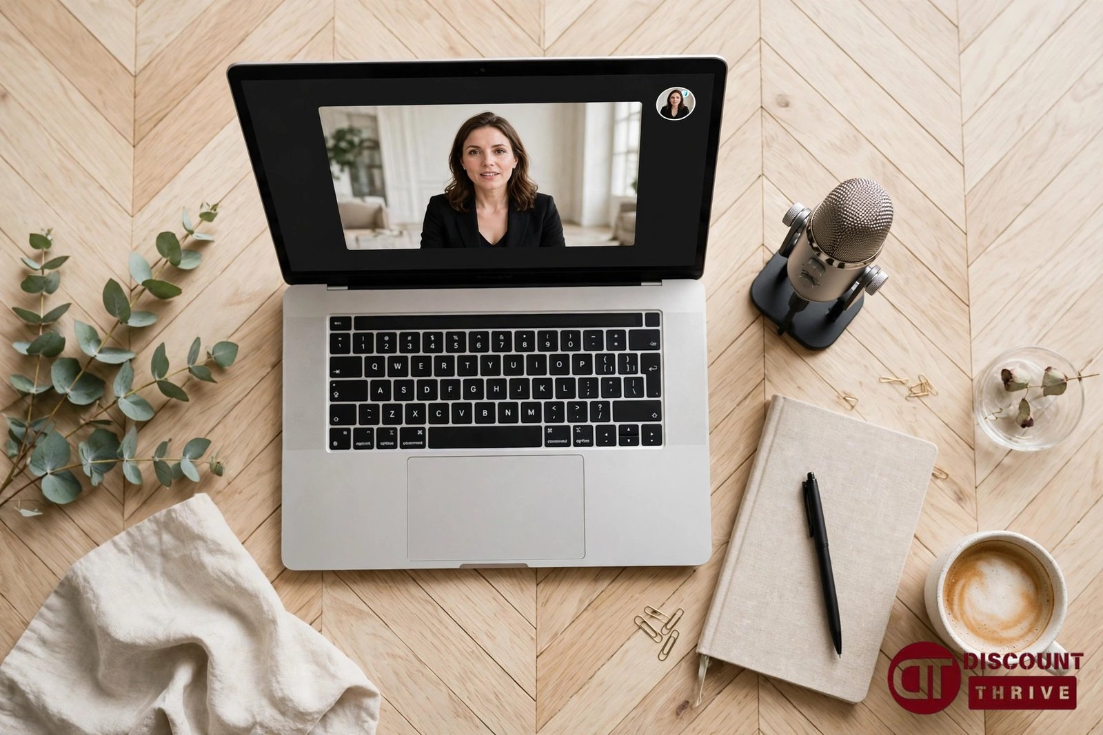 Livestorm code promo : bureau avec ordinateur portable en webinaire, microphone et carnet