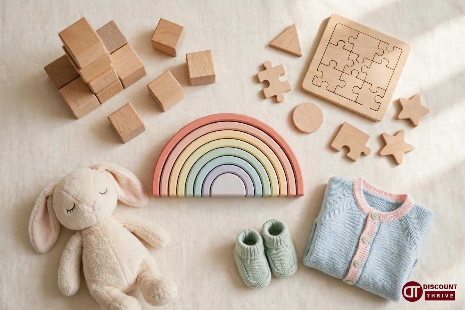 My Little Darling educational wooden toys and baby clothes flat lay