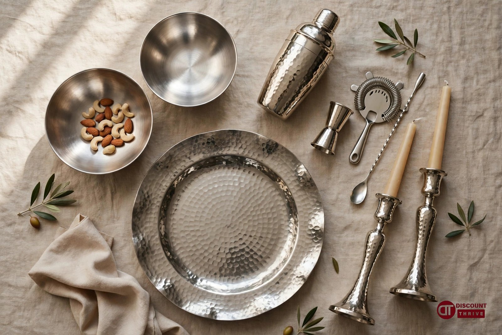 Nambe discount code 2026: premium alloy serveware and barware flat lay