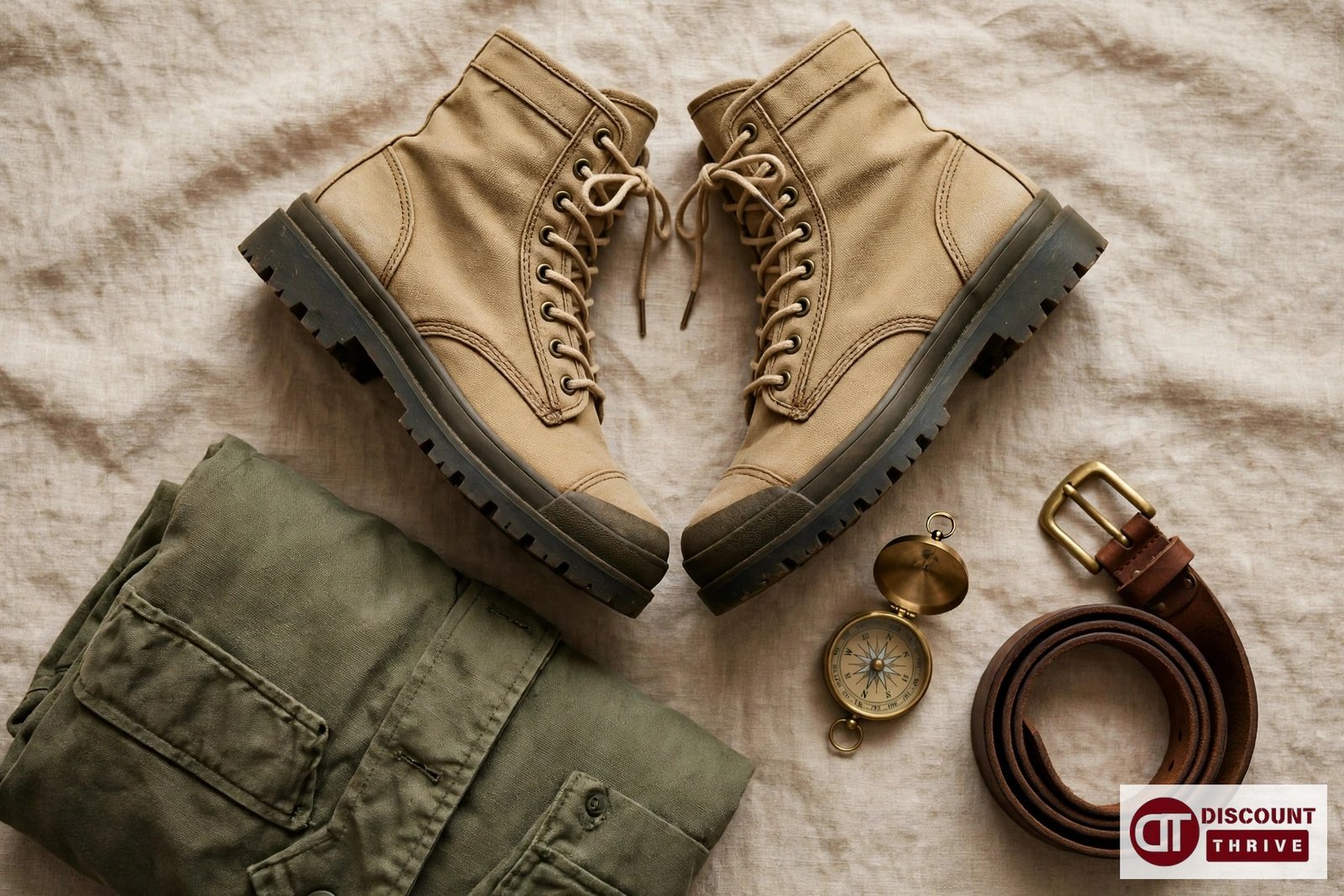 Tan canvas Palladium style high top boots flat lay with olive jacket and leather belt