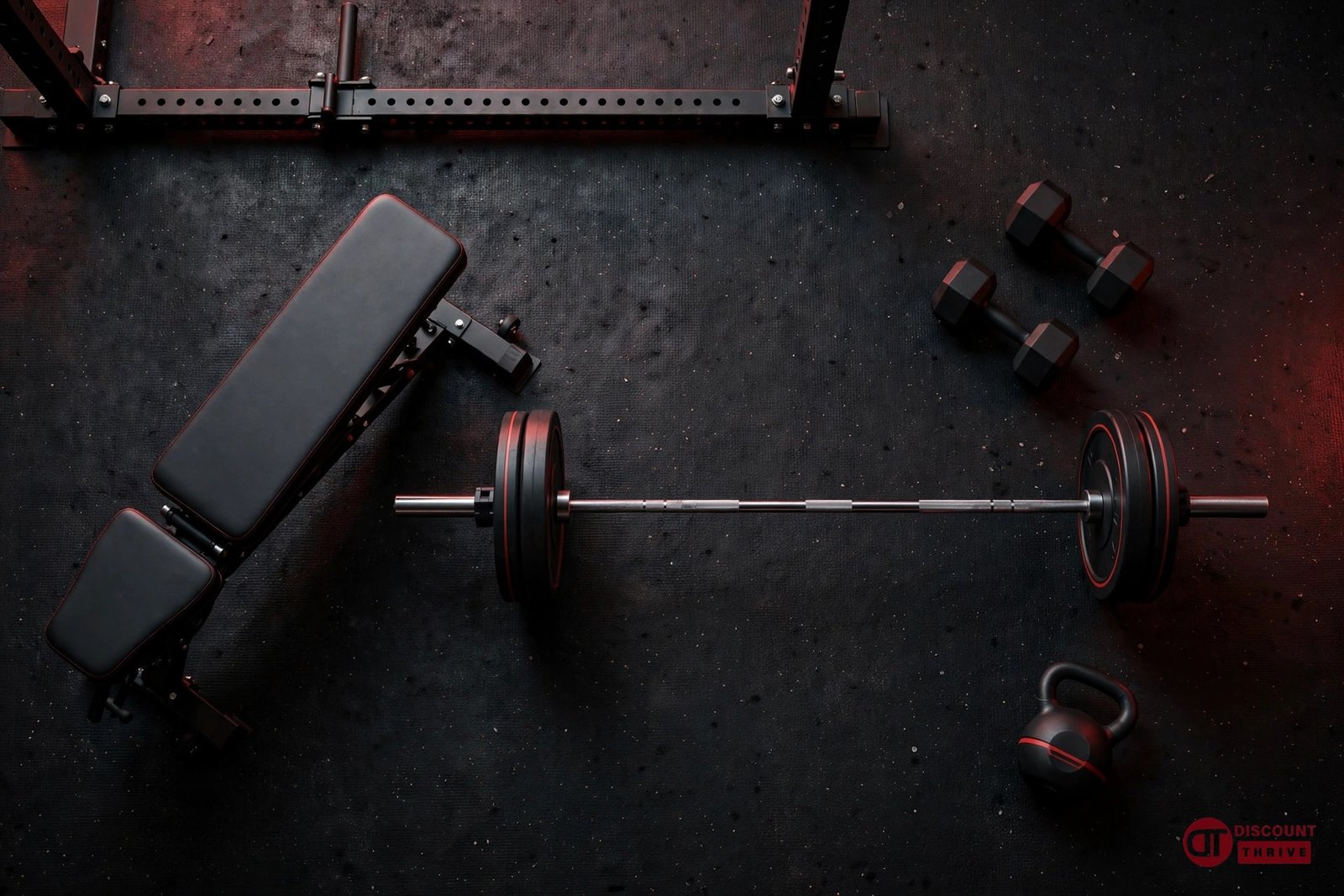 RitFit home gym equipment flat lay with power rack, weight bench, barbell and dumbbells