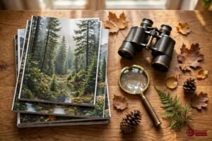 Code promo Salamandre : magazines nature, jumelles et guides d'observation sur une table en bois