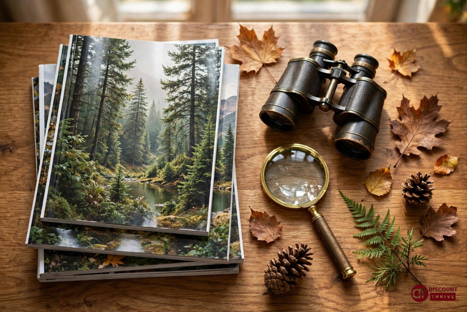 Code promo Salamandre : magazines nature, jumelles et guides d'observation sur une table en bois