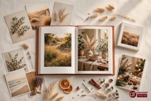Snapfish photo book with printed photos flat lay
