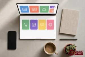 Softr Rabattcode: No-Code App bauen am Schreibtisch mit Laptop, Notizbuch und Smartphone
