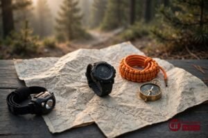 Suunto GPS sports watch on a topographic trail map with compass and trail gear, dawn forest light