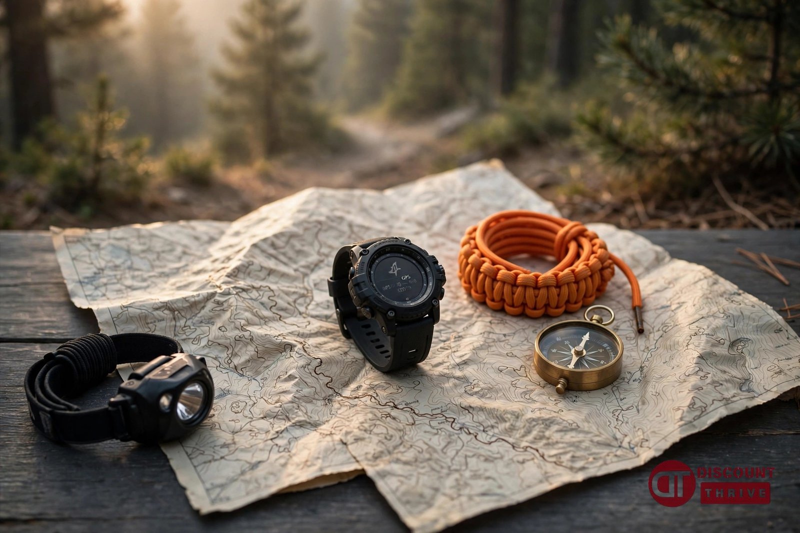 Suunto GPS sports watch on a topographic trail map with compass and trail gear, dawn forest light