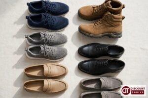 Wide fit trainers, boots and formal shoes flat lay