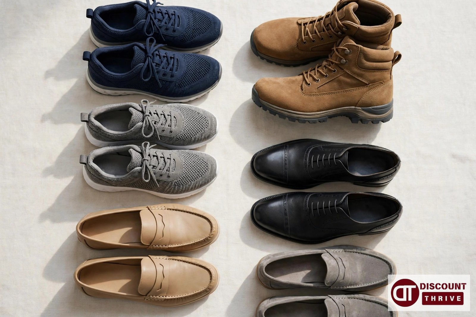 Wide fit trainers, boots and formal shoes flat lay