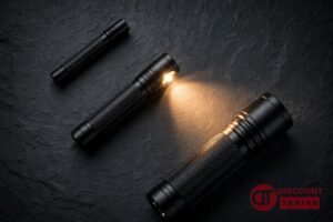 Premium black Wuben-style LED flashlights flat lay with one beam lit — Wuben discount code guide 2026